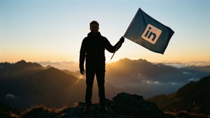男子在山頂日出時手持LinkedIn旗幟 — Linkedin 壁紙
