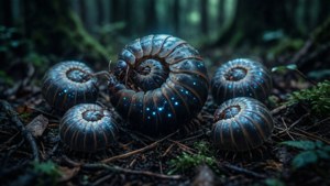 夜間森林地面上蜷縮的發光藍色馬陸