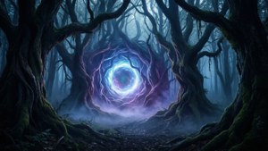 黑暗魔法森林中，扭曲樹木間的神秘發光傳送門。