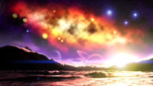 日落時分的外星海洋，雪峰之上有發光星雲和行星。