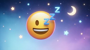睡覺表情符號在星空的夜空漂浮，伴隨著一彎新月。