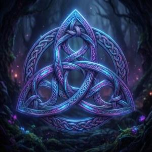 在神秘森林中與發光植物一起漂浮的發光凱爾特三曲結符號。