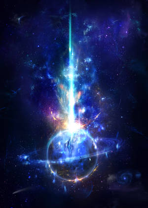 一顆帶有光環的藍色行星在宇宙射線擊中其表面時發出明亮的光。