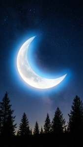 彎月散發藍色光暈，位於松樹剪影之上，星空夜空