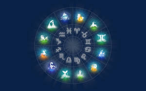 在深藍色背景上帶有發光占星符號的黃道輪。 — 星座 壁紙