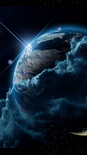 太空中一顆發光的藍色行星，帶有雲層和星星 — 行星 壁紙