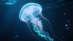 發光的水母在深藍色海水中漂浮，附近有氣泡。