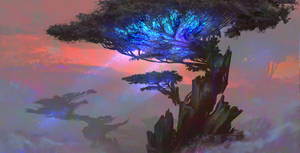 在神秘暮色天空中，帶有橙色和紫色雲彩的發光藍色樹木。