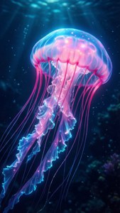發光的粉紅色和藍色水母在深海水漂流，陽光穿透照射。
