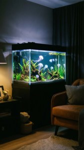 在黑暗舒適的客廳中，發光的水母缸與棕色扶手椅。 — 水族箱 壁紙