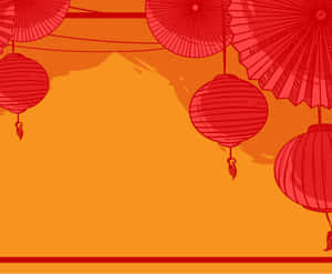 紅色燈籠和遮陽傘以節日傳統中國風格掛在橙色背景上。 — 燈籠 壁紙