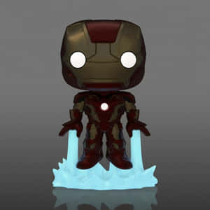 Iron Man Funko Pop 人偶在藍色底座上懸浮，帶有發光的斥力器。 — 鐵甲奇俠標誌 壁紙