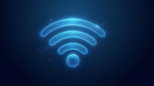 發光的藍色Wi-Fi符號漂浮在黑暗的星際數位空間中。