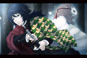 動畫戰士持劍面對雪中惡魔的冬季場景。