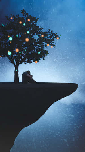 夜晚在積雪懸崖上發光的樹下坐著的人