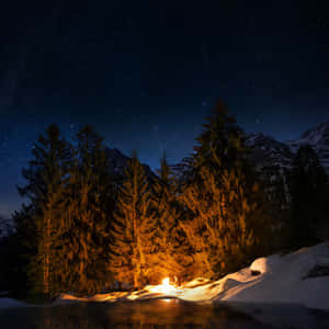 營火在雪地森林湖邊溫暖地發光，星空下 — 露營 壁紙