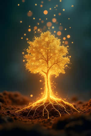 在夢幻般的奇幻場景中，一棵發光的金色樹木，星光粒子從黑暗的土壤中升起。