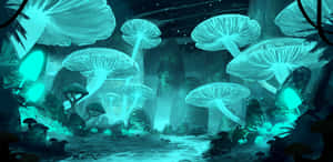 黑暗森林中星星下的發光蘑菇 — 簡約藍色美學 壁紙