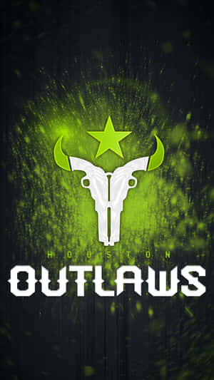 綠色星星和公牛頭骨標誌，帶有 'Houston Outlaws' 文字，位於深色背景上。 — 鬥陣特攻 GIF 壁紙