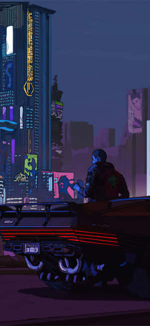 一個人坐在發光的汽車上，背景是霓虹燈照亮的未來風格城市夜景。
