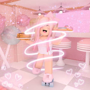 一個開朗的Roblox女孩穿著粉紅色滾軸溜冰鞋，在糖果主題的餐廳裡供應煎餅。