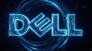 由發光藍色粒子在宇宙漩渦中旋轉組成的 Dell 標誌