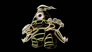 發光金色木乃伊生物，有一隻紫色眼睛，黑色背景