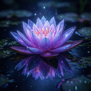 發光紫色蓮花漂浮在黑暗水面上，帶有星光倒影。 — Motorola Razr 2026 壁紙