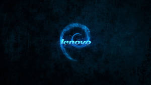 發光藍色 Lenovo 標誌在帶有刮痕的深色紋理背景上。