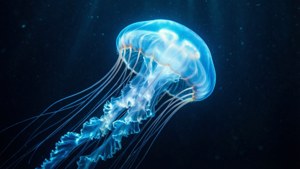 發光藍色水母在黑暗海水漂浮，帶有拖曳觸手。 — 藍色 壁紙