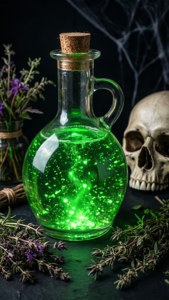 發光綠色藥水瓶，旁邊有頭骨和草藥，在黑暗表面上。 — 萬聖節美學 壁紙