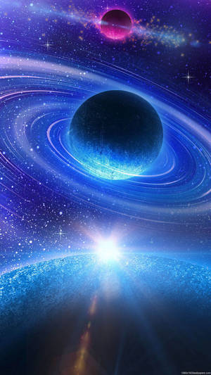 在繁星點點的宇宙場景中，一顆帶有發光環的藍色行星。 — 行星 壁紙