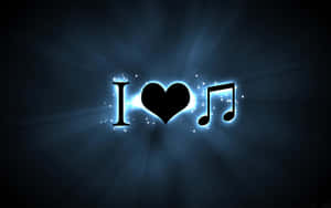 在深色背景上發出耀眼藍光的 I heart music 發光符號