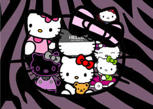 Hello Kitty角色在斑馬條紋背景上帶著蝴蝶結和玩具