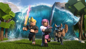 三個手持劍的Roblox冒險者在風格化的遊戲世界中面對巨浪。