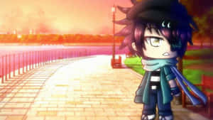 紫色頭髮戴眼鏡的Q版動漫角色在日落時分的石徑上。 — Gacha life GIF 壁紙