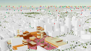 一個3D渲染的城市，白色建築物和彩色位置標記漂浮在上方。