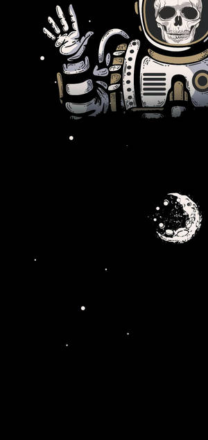 骷髏太空人在有月亮和星星的太空中揮手