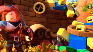 Roblox 海盜持劍面對沙漠船上驚訝的方塊船員。