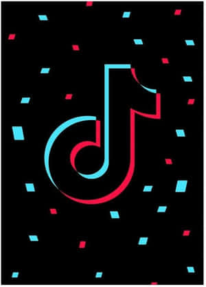 TikTok 標誌帶有紅色和青色輪廓，黑色背景上有飄落的五彩紙屑。