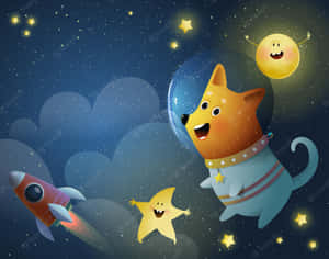 一隻穿著太空衣的快樂卡通狗與星星和太陽一起漂浮