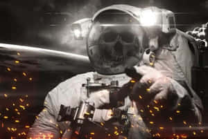 戴著骷髏頭盔的太空人在太空中開槍，火花四濺。