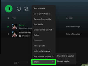 Spotify 音樂應用程式內容功能表，其中「分享」選項突出顯示。
