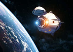 一艘發光的太空船在太空中繞地球運行，星星可見。 — 太空 壁紙