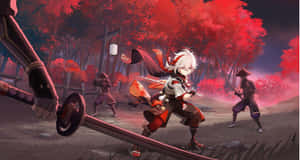 身穿紅白鎧甲的動漫戰士在夜晚的紅楓林中與武士戰鬥。