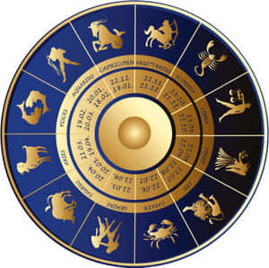 星座輪，十二個星座及其日期以金色顯示在藍色背景上。 — 星座 壁紙