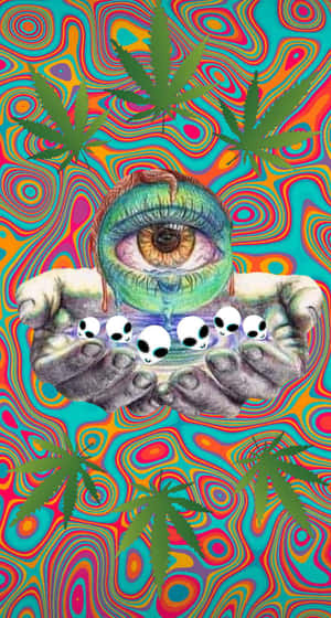 手托著一隻巨大眼睛，漂浮的外星人頭顱和大麻葉在旋轉的彩虹背景上。