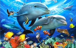 海豚和熱帶魚在陽光普照的海洋中穿梭於珊瑚礁之間。 — 水下 壁紙