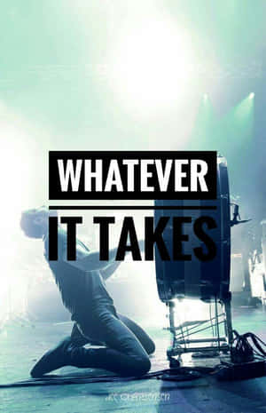 一位鼓手在明亮的綠色燈光下跪在舞台上，文字為 whatever it takes。
