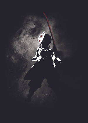 動漫角色戴著狐狸面具和格仔和服，在太空中拿著一把沾滿血的劍。 — 鬼滅之刃 壁紙